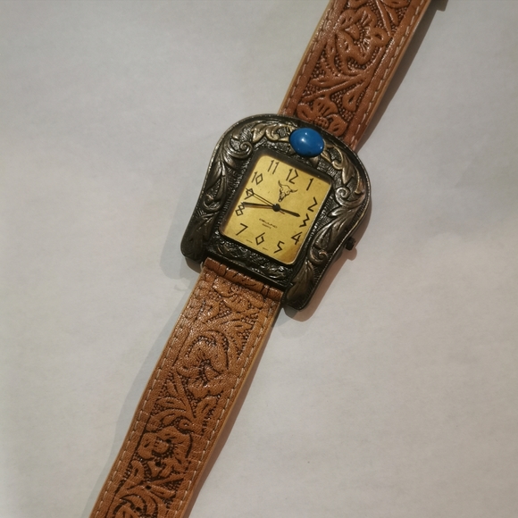 SOLD 80s Belt Buckle Western Novelty Watch Tooled Leather Turquoise Dejuno - Picture 2 of 4